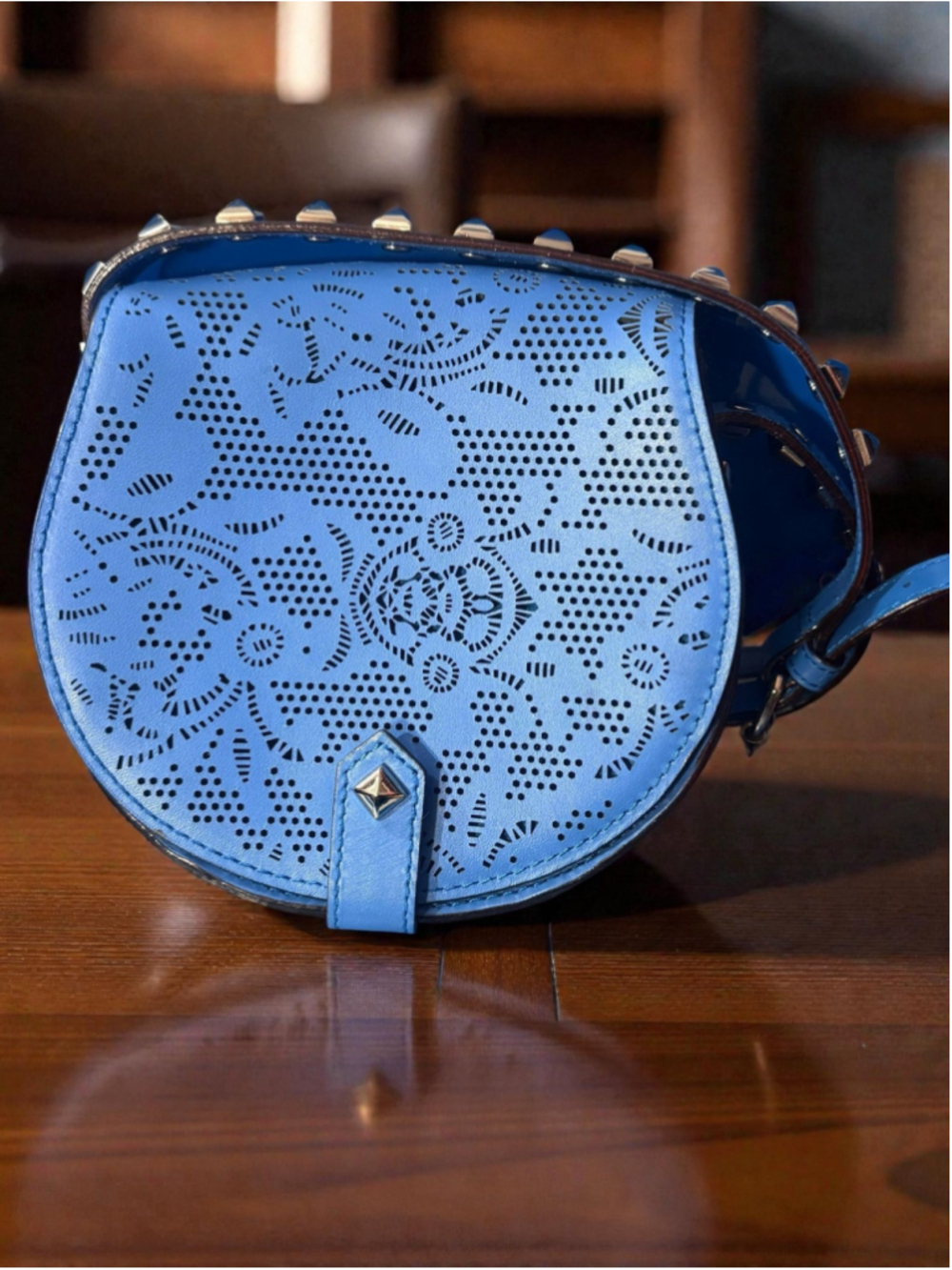Rebecca Minkoff Skylar Crossbody Bag in Cerulean Blue Laser-cut Leather